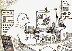 Karikatur einer Weltmaschine im Labor